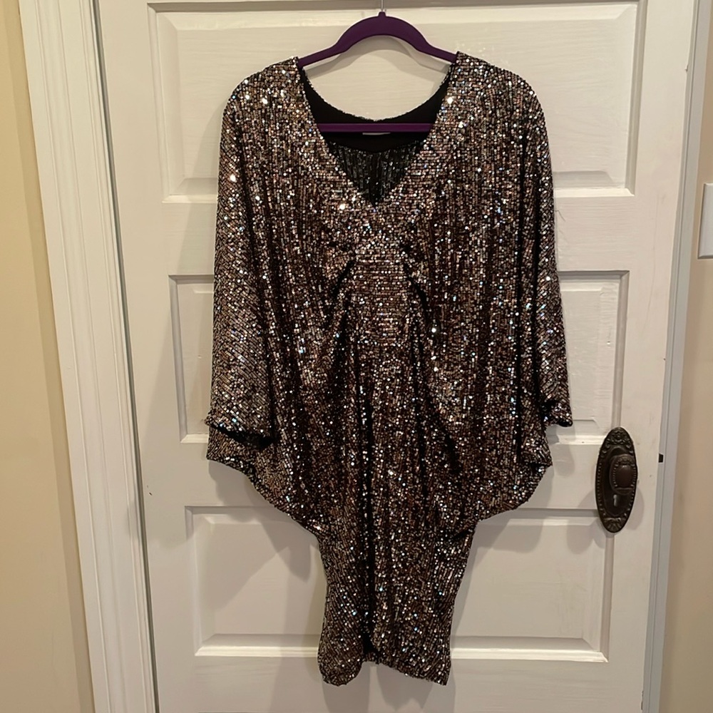 Rubber Ducky Productions gold and silver sequin bat wing cocktail dress